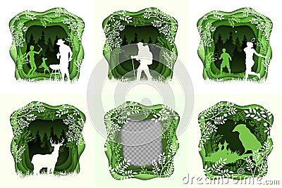 Set of forest wilderness landscapes. Silhouettes of animals, birds, resting people. Abstract 3D backgrounds. Paper cut shapes. Vector Illustration