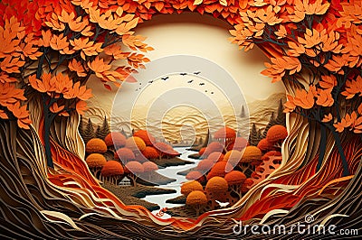 Papercut Autumn Forest Mountain Tree Silhouettes Generative AI Stock Photo