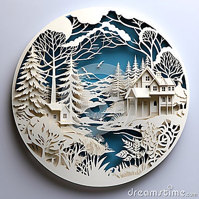 papercut design of natural scenery and cabins, ai generative Stock Photo