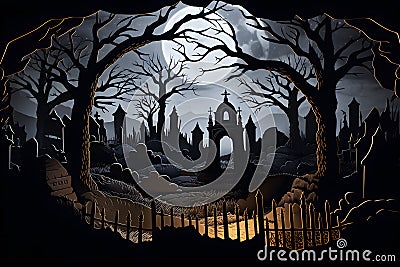 papercut style halloween A moonlit cemetery with weathered tombstones ai generated Stock Photo
