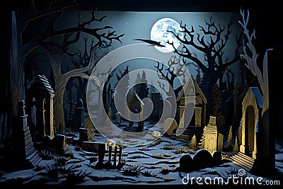 papercut style halloween A moonlit cemetery with weathered tombstones ai generated Stock Photo