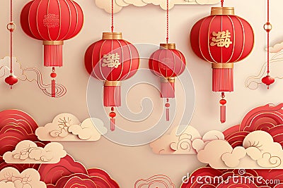 papercut style of happy chinese lanterns and clouds background Stock Photo