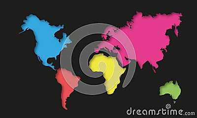 Papercut style world map. Planet Earth. Stylized colored continents on a black background Stock Photo