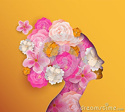 Papercut woman with pink spring flowers Vector Illustration