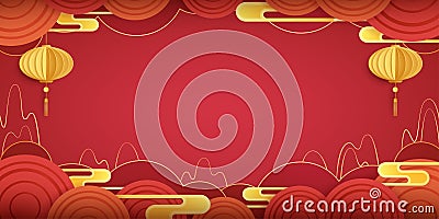 Chinese New Year festive background with paper graphic craft art of lantern and oriental elements Vector Illustration