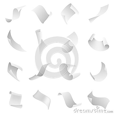 Papers flying. Clean blank paper sheet falling down with curved corners. Pages in loose flight different angles, realistic Vector Illustration
