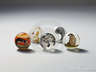 paperweight stones adorned with various printed and glass designs Stock Photo