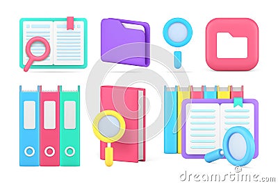 Paperwork business analyzing searching information education book folder set 3d icon vector Vector Illustration