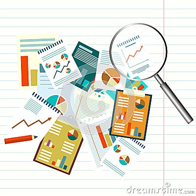 Paperwork design with graphs and reports on empty lined paper and magnifying glass Vector Illustration