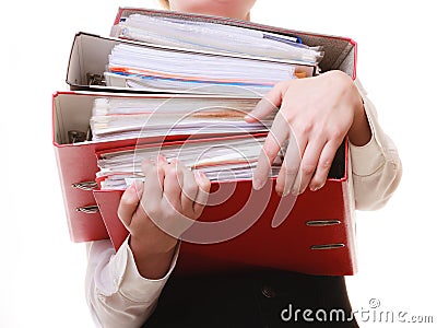 Paperwork. Documents in hands of businesswoman Stock Photo