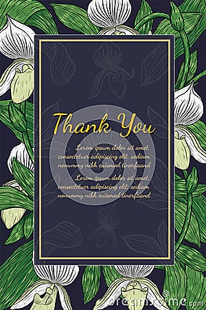 Paphiopedilum orchids card by hand drawing. Vector Illustration