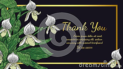 Paphiopedilum orchids card by hand drawing. Vector Illustration