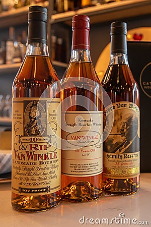 Pappy Van Winkle Bourbon Whiskey bottles on a bar Editorial Stock Photo