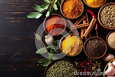 spice indian seasoning herb dry cooking powder food ingredient background fresh. Generative AI. Stock Photo