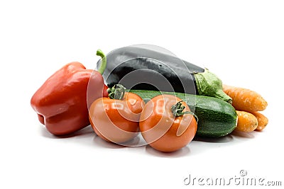 Paprika eggplant carrot zucchini tomato isolated on white background Stock Photo