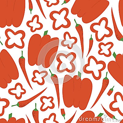 Paprika pattern. Flat hand drawn bell pepper and chili seamless print for market, cafe or kitchen. Vector Illustration