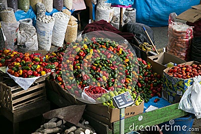Paprika stall in Central food market of Urubamba, City of the Sacred Valley in Cuzco. Editorial Stock Photo