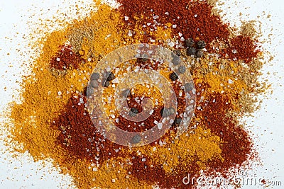 Paprika, Turmeric, black pepper, salt and Cumin on a white background. Stock Photo