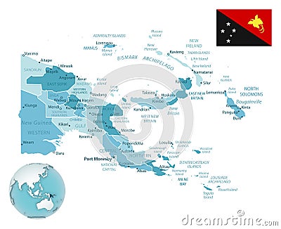 Papua New Guinea administrative blue-green map with country flag and location on a globe Cartoon Illustration