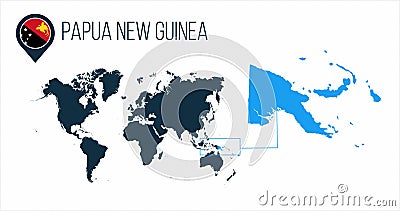 Papua New Guinea map located on a world map with flag and map pointer or pin. Infographic map. Vector illustration isolated on Cartoon Illustration