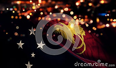 Papua New Guinea National Flag Light Night Bokeh Abstract Background Stock Photo