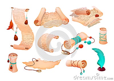 Papyrus parchments magic old scroll, vintage paper with wax seals Vector Illustration