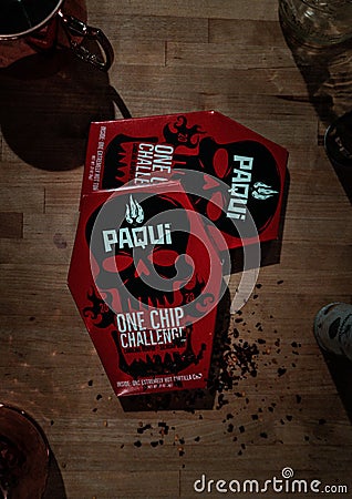 Paqui one chip challenge boxes. Dark aesthetic photo. Editorial Stock Photo