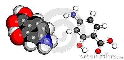 Para-aminosalicylic acid drug molecule. Used in treatment of tuberculosis and inflammatory bowel disease (ulcerative colitis, Stock Photo