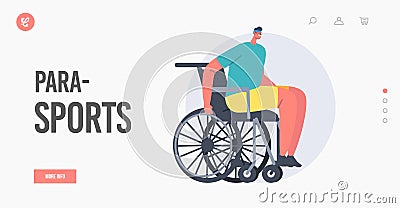Para Sport Landing Page Template. Disabled Athlete Character Sportsman on Wheelchair Competition. Young Amputee Man Vector Illustration
