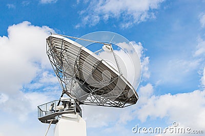 Parabolic satellite antenna for wireless data transfer Stock Photo