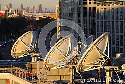 Parabolic satellite dish space technology receivers Stock Photo