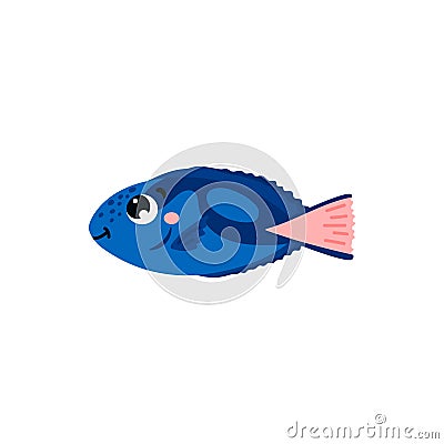 Paracanthurus fish with cute smiling face, flat vector illustration isolated on white background. Cartoon Illustration