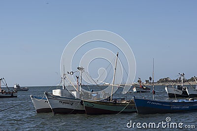 PARACAS, PERU-Colorful fishing boats in Paracas Bay on January 2015 in Paracas, Peru. Paracas is a small port town catering to Editorial Stock Photo