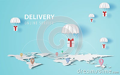 Parachute gift box floating on map location network.Delivery service web page design.Merry Christmas banner.Graphic Transportation Vector Illustration