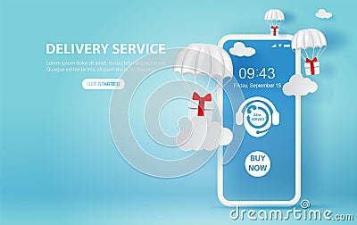 Parachute gift box floating on smartphone.Delivery service app with Gift Box on air.Happy new years and merry Christmas banner. Vector Illustration