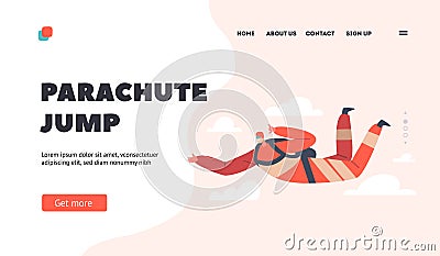 Parachute Jump Landing Page Template. Parachuting, Base Jumping Sport Activity, Extreme Recreation. Skydiver Fall in Sky Vector Illustration