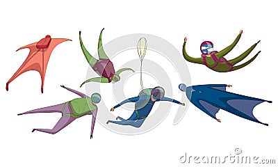 Parachute Jumpers Floating in the Sky with Closed Air-chute Vector Set Vector Illustration