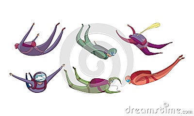 Parachute Jumpers Floating in the Sky with Closed Air-chute Vector Set Vector Illustration