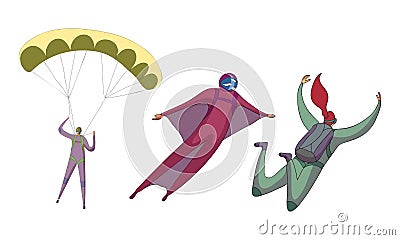 Parachute Jumpers Floating in the Sky with Open and Closed Air-chute Vector Set Vector Illustration