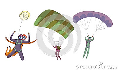 Parachute Jumpers Floating in the Sky with Spread Air-chute Vector Set Vector Illustration