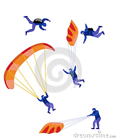 Parachute skydivers. Extreme parachuting sport and skydiving concept. Paraglide and parachute jumping characters on Vector Illustration