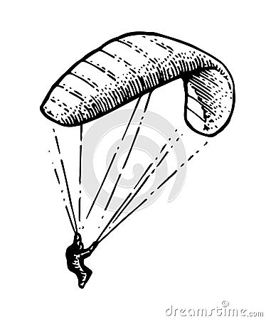 Parachutist descends. Parachute paraglider. Air extreme sport. Controlled high altitude flight. Hand drawn outline Vector Illustration