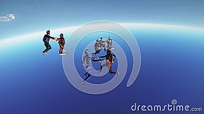Parachutistes professionnels parachutant au-dessus de la côte de Dubaï formation danse ensoleillé banque de vidéos Parachutistes professionnels parachutant au-dessus de la côte de Dubaï formation danse ensoleillé banque de vidéos