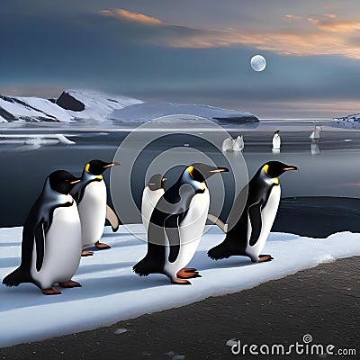 A parade of penguins wearing tuxedos and bowties while sliding on icy slopes under the moonlight4 Stock Photo