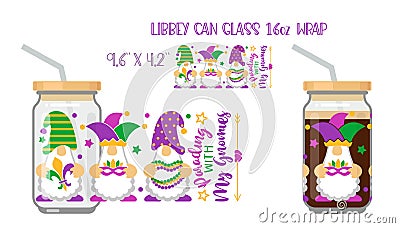 Parading with my Gnomies. Mardi Gras concept with libby glass can mockup Vector Illustration