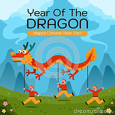 Parading Red Dragon Across The Hill Vector Illustration