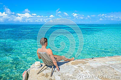 Paradise beach on island caye Carrie Bow Cay Field Station, Caribbean Sea, Belize. Tropical destination Stock Photo