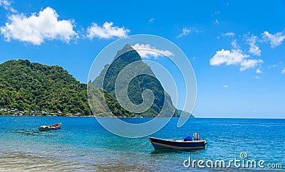 Paradise beach at Soufriere Bay with view to Piton at small town Soufriere in Saint Lucia, Tropical Caribbean Island Stock Photo