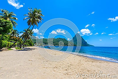 Paradise beach at Soufriere Bay with view to Piton at small town Soufriere in Saint Lucia, Tropical Caribbean Island Stock Photo