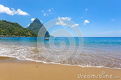 Paradise beach at Soufriere Bay with view to Piton at small town Soufriere in Saint Lucia, Tropical Caribbean Island Stock Photo